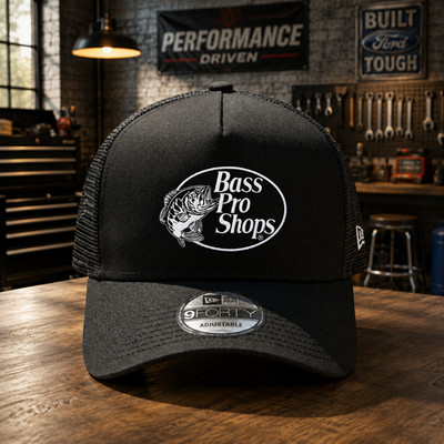 Bass Pro Shops Fishing Trucker Cap Black Embroidered Mesh Adjustable Hat