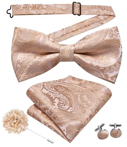 Bow Ties for Men Pre-Tied Pocket Square Lapel Pin Beige Pink Paisley Floral
