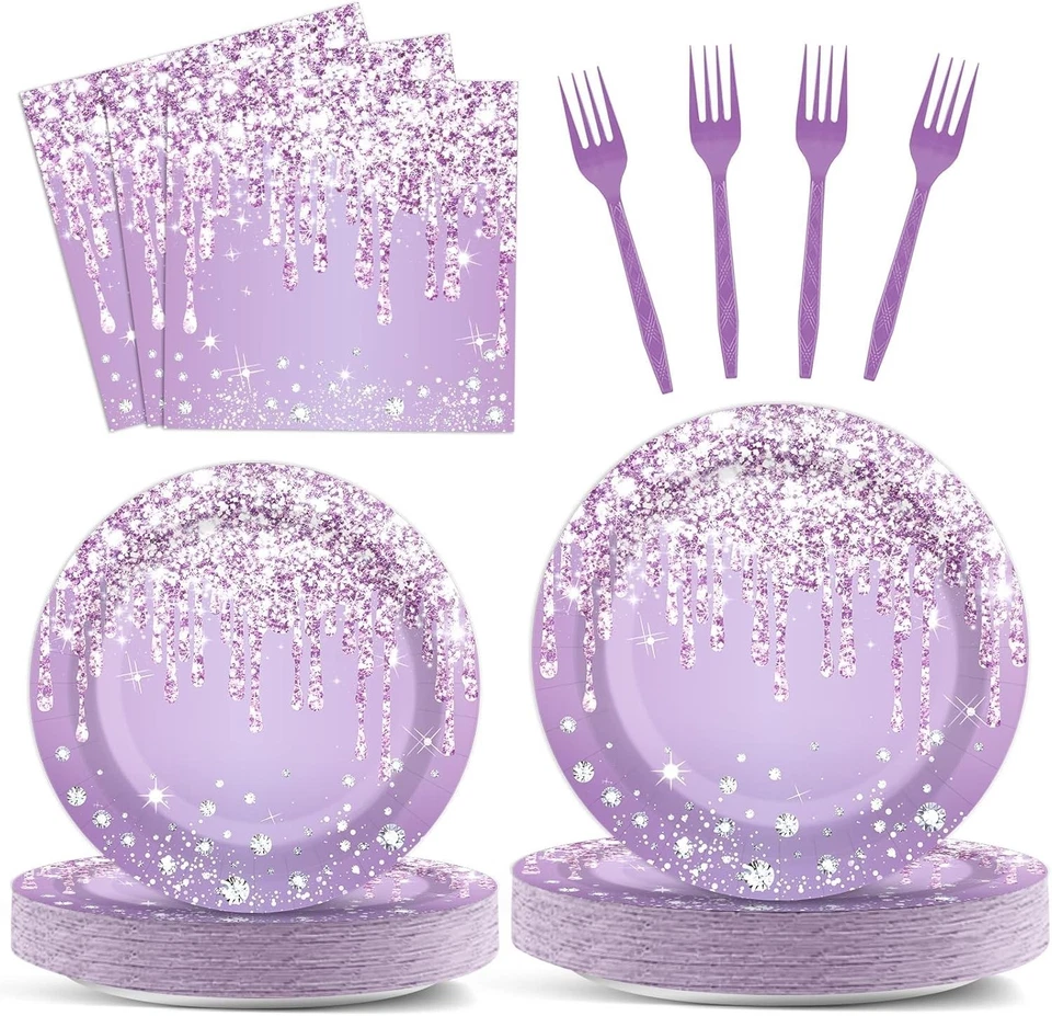 Juego de fiesta de 96 piezas púrpura y plata de alta calidad - 24 invitados cumpleaños y baby shower Foto 3 de 4