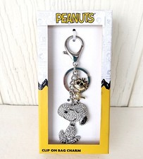Peanuts Snoopy Woodstock Clip On Bag Charm Keychain Rhinestone Bling Crystal NEW