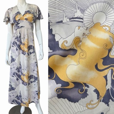 90 s/Y2K Betsey Johnson 70 s Inspired Psychedelic Face Print Maxi Dress, Small