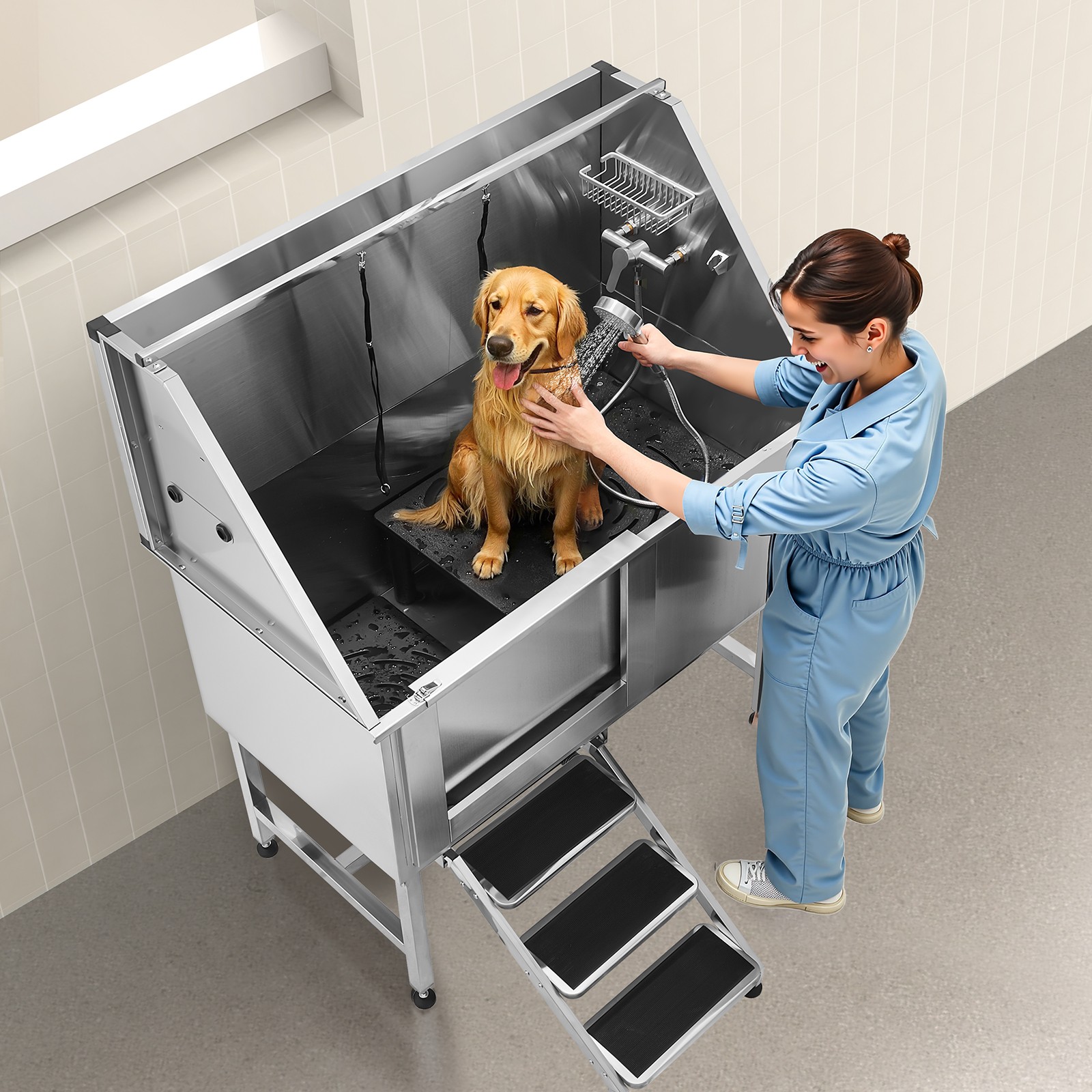 Uimoso 50in Stainless Steel Pet Grooming Tub w/ Left Stair & Water Filter Board