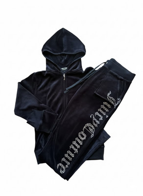Authentic Juicy Couture Black Velour Tracksuit Rhinestone Crown Y2K Mall Goth