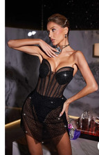 Fashion Nova Sequin Mesh Corset Romper XL Strapless Bustier Bodysuit Party Dress