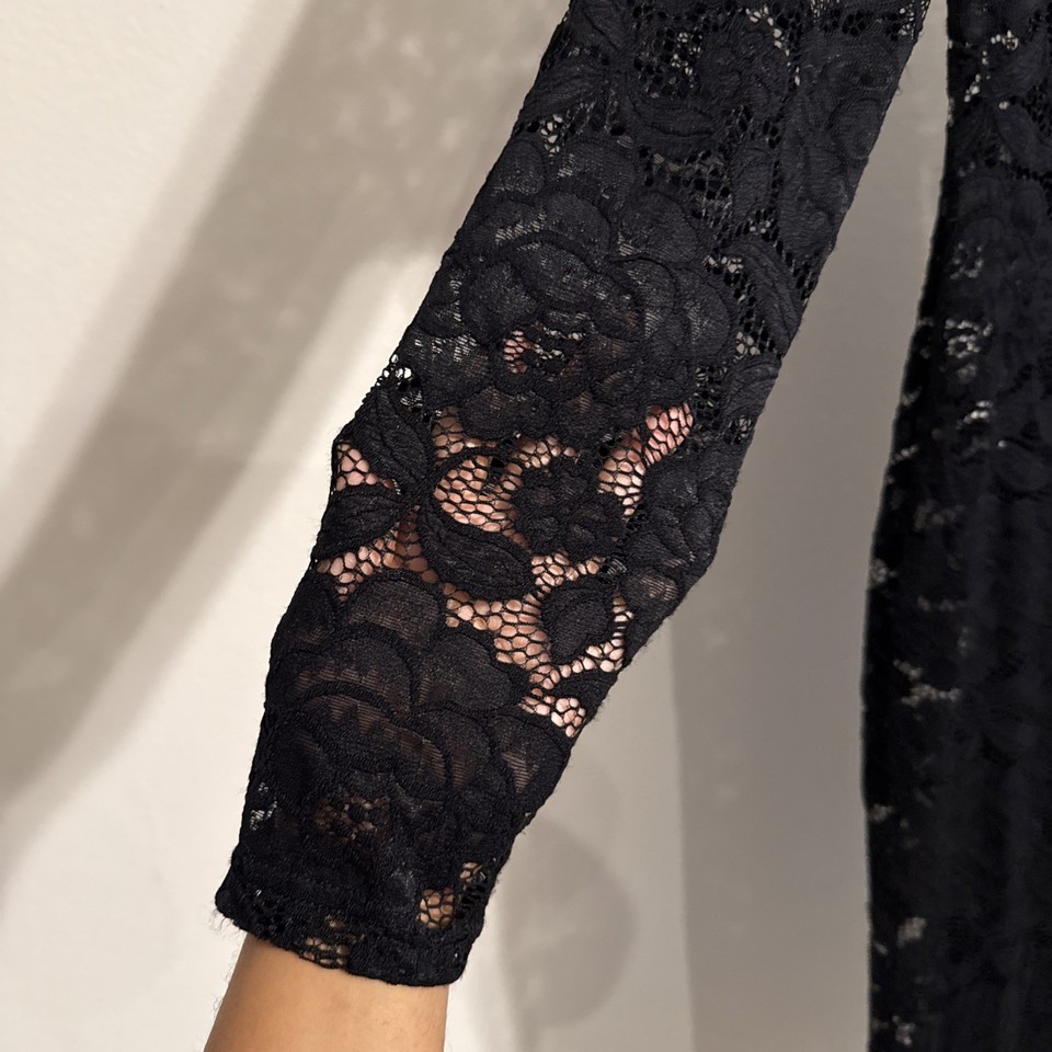 Steve Madden Sheer Black Floral Lace Mock-Neck Long Sleeve Dress w ...