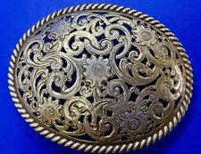 See Through Vintage Western Flower Swirl Design Belt Buckle With Rope Boarder