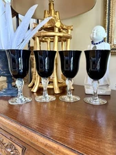 Williams Sonoma Black Glass Clear Hammered Stem Set Of 2 Iced Tea Water Goblets