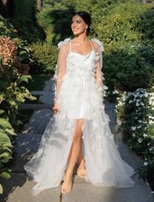 Princess Handmade Flowers Beach Wedding Dresses Spaghetti Beads Bridal Gowns