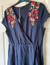 BNWT Navy Blue ZARA Fine Knit Mock Wrap Embroidered Dress M 10/12