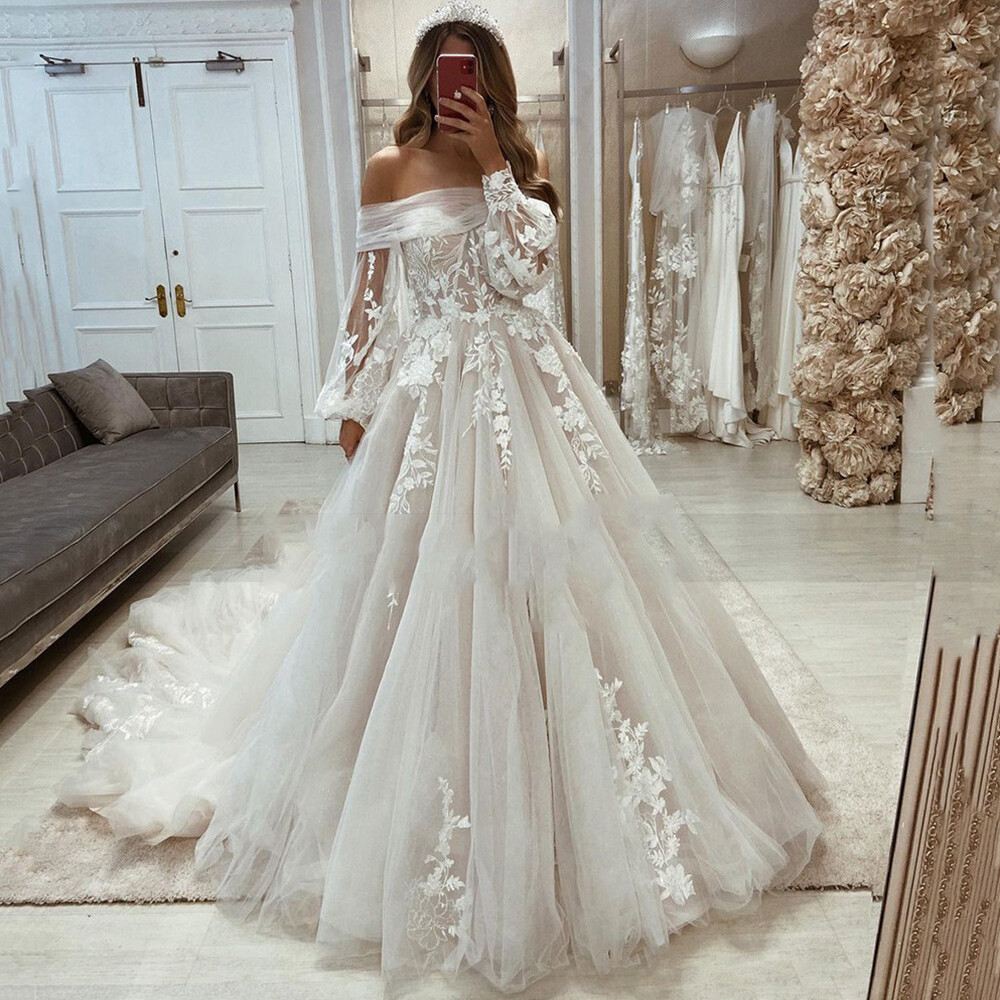 Beach Wedding Dresses Off Shoulder Long Sleeves Tulle Lace Bridal Gown Train - Main Image