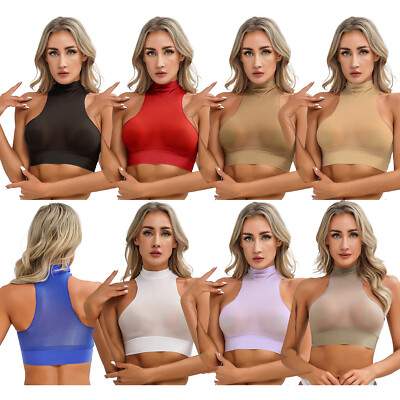 Womens Tops Sexy Vest Mock Neck Crop Top Nightclub Nightwear Glossy Tank Tops