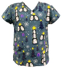 Women's Halloween Christmas Medical Scrub Gray Base Penguin Christmas Tree M