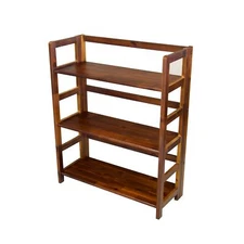 Solid Acacia 3 Shelf Folding Bookcase in Mahogany Brown Mid-Century