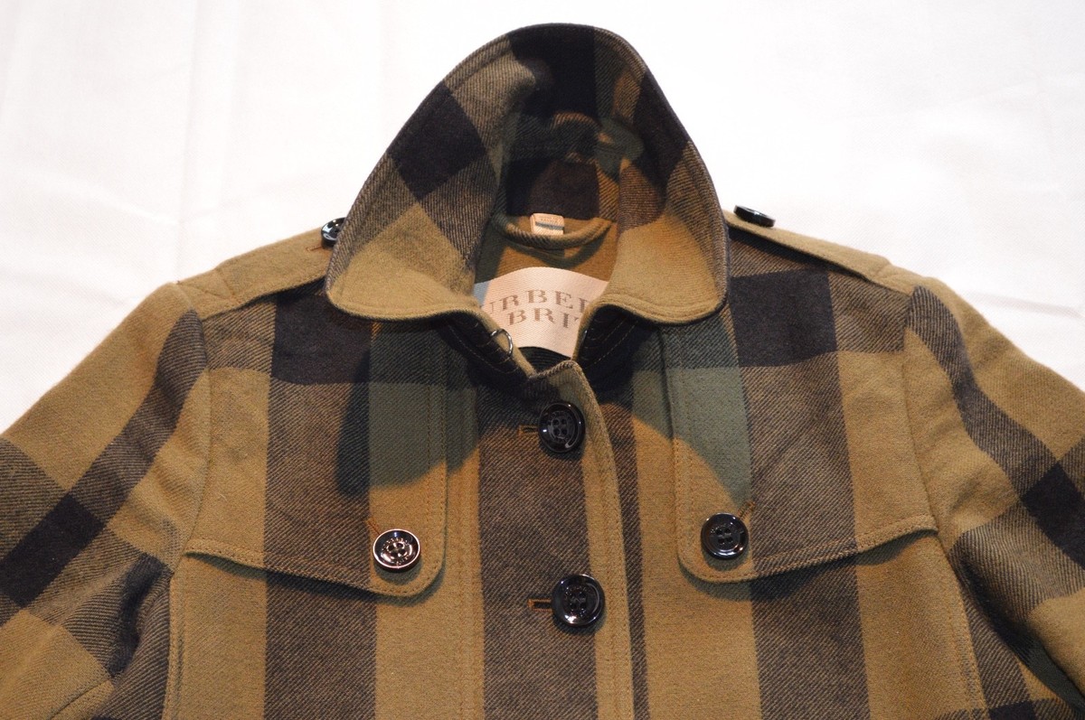 Burberry Green Nova Check Wool Button / Zip Trench Coat Jacket