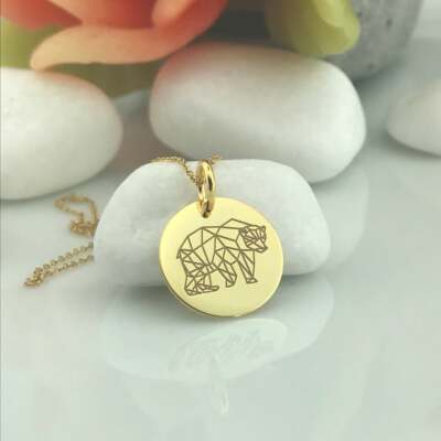 Origami Mama Bear Coin Pendant 14k Yellow Gold Customized