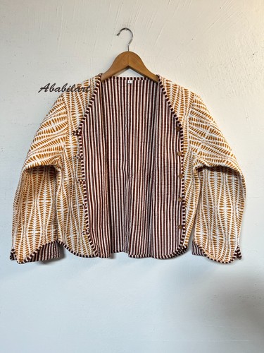 Indian Handmade Chevron Printed Cotton Quilted Jacket Vintage Reversible Jacket - Picture 5 of 7