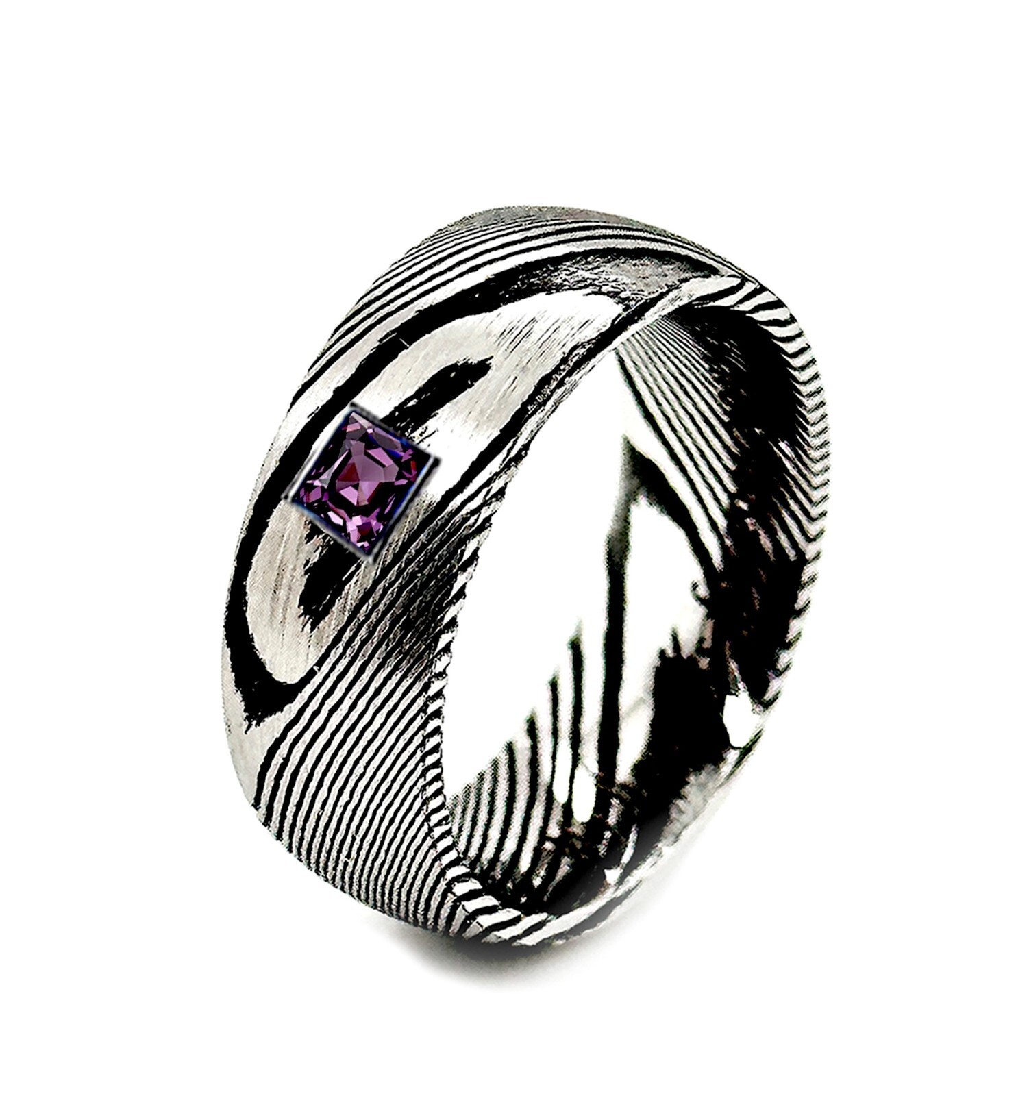 Damascus Burl Wood Grain Pattern Mens Ring, Amethyst Stone, Wedding Bands, 8mm