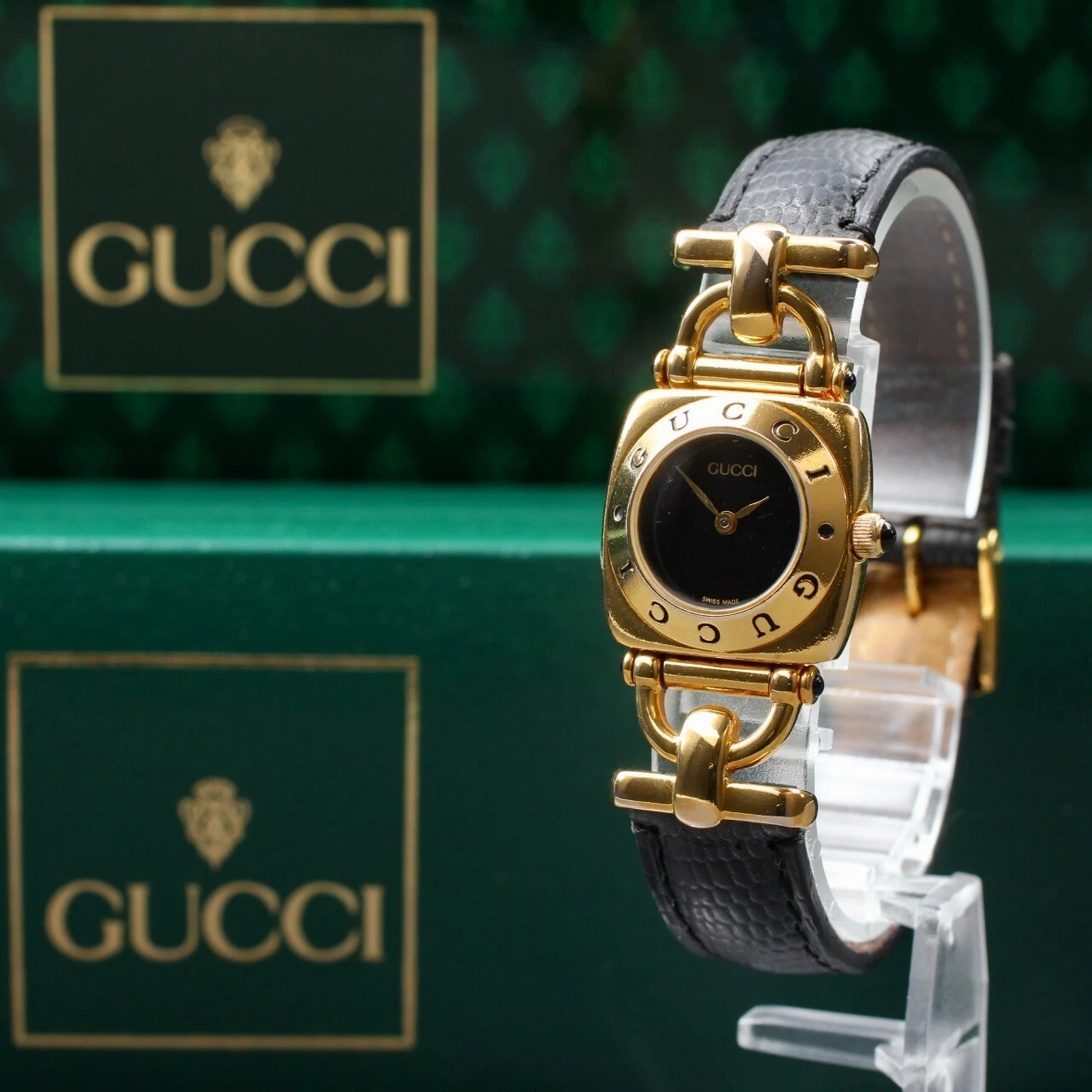 *Ensemble complet* Vintage GUCCI Horsebit 6300L Quartz Cadran Noir Or Femme du Japon