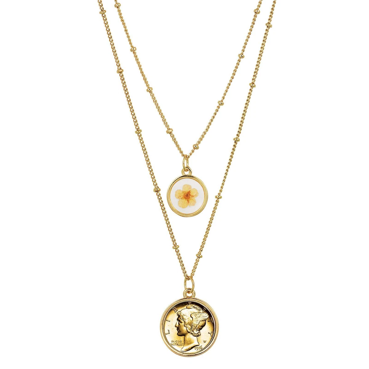 Double Chain Necklace Mercury Dime Gold Plated Coin Pendant With