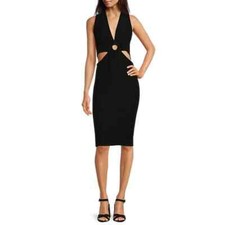 Calvin Klein Sleeveless Deep V-Neck Ruched Ring Cut Out Dress Women's Size L NWT