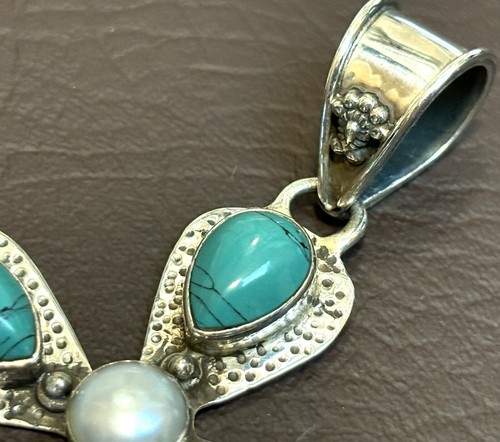 Vintage Sterling Silver 925 Turquoise Pearl Large Chunky Maltese Cross Pendant - 第 5/8 張圖片