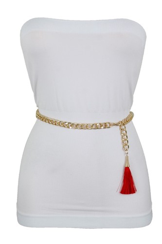 Cintura Donna Dressy Moda Girovita Hip Oro Metallo Catena Rosso Frange Nappa M L - Foto 10 di 12