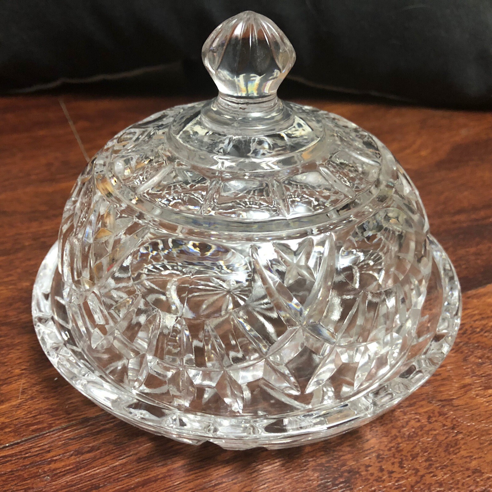BOMBAY CRYSTAL CUT GLASS CANDY DISH w/ STARBURST PATTERN LID (55/8" x