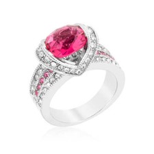 Silvertone Rhodium Plated Brass Oval Pink Cubic Zirconia Fancy Engagement Ring