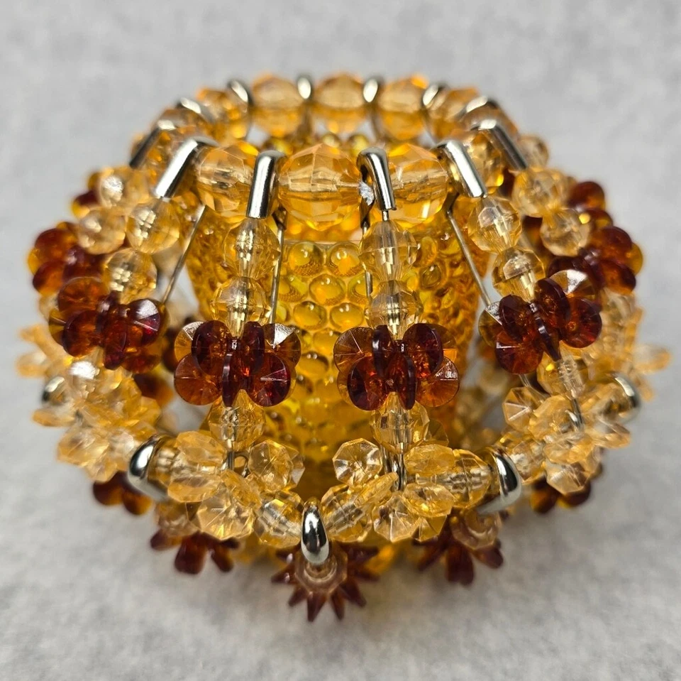 Vintage Amber Colors Mid Century Safety Pin and Beads Tea Light Candle Holder - Image 2 of 4