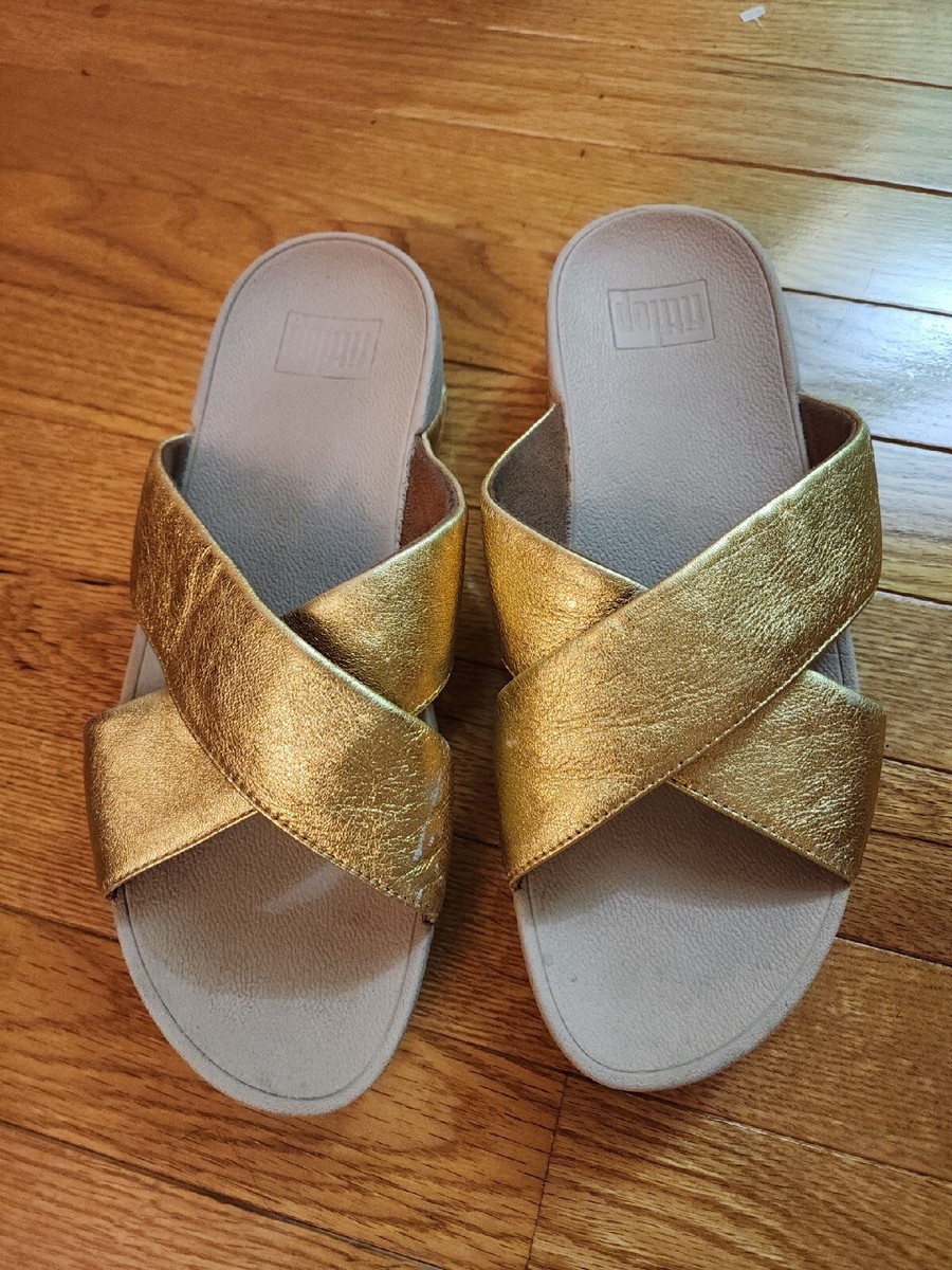 FITFLOP Lulu Gold Women's Leather Criss Cross Strap Slip-On Wedge