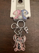 Primark ANGEL Keyring Bag Charm Siver & Pink Tones ~Letter“F” & Heart Charms New