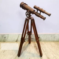 Brass Telescope Double Barrel With Wooden Tripod London 1915 Style Antique