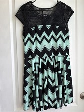 Julia Women’s Fit & Flare Chevron Dress Size M Mint Green Black Crochet Mesh