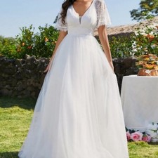 Ever Pretty A-Line V-Neck Lace Embroidery White Boho Sleeved Wedding Dress 10