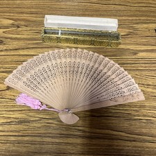 Vtg Chinese Sandalwood Folding 30 Blade Hand Fan Pink Tassell With Box B11