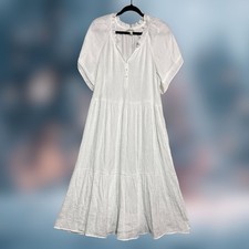 Wonderly Dress XL White Midi Short Sleeve Ruffle Neck Button Front