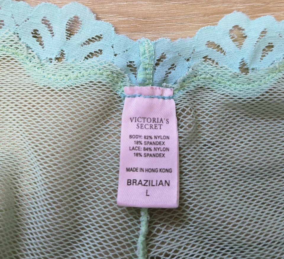 Bragas descaradas brasileñas vintage Victoria's Secret verde malla transparente encaje aguamarina L Foto 3 de 3