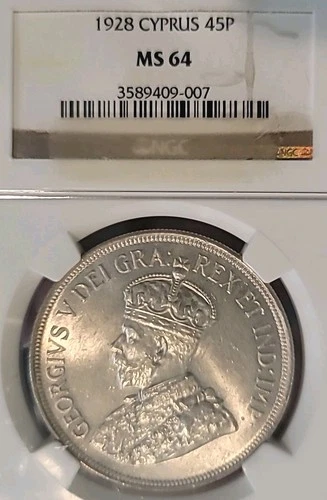 Cyprus 1928 45 Piastres Superb Full Strike Luster Gem BU Rare NGC 64++ LV