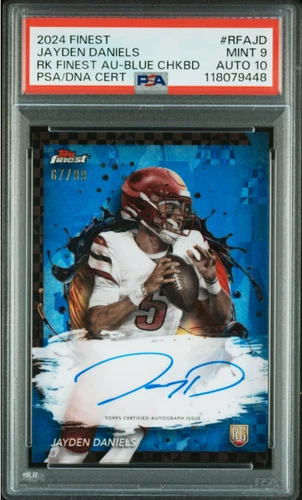 2024 Topps Finest – Jayden Daniels Rookie Autograph Blue Chkbd/99 #RFAJD PSA 9
