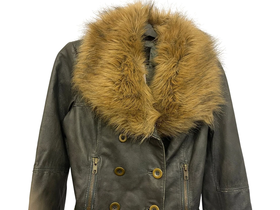 Vero Moda Women's Leather Jacket L Grey Faux Fur Collar Belted - Image 2 of 4