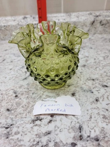 Vintage Fenton Dish Colonial Green Hobnail Ruffled Edge Candle Vase