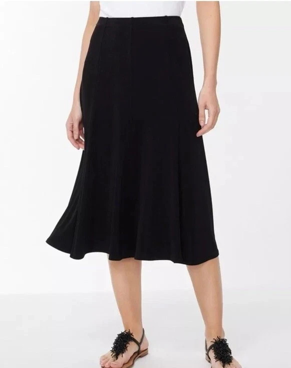 CHICO'S TRAVELERS Black Acetate Stretch Slinky Godet A-Line Midi Skirt 2 = 12 L