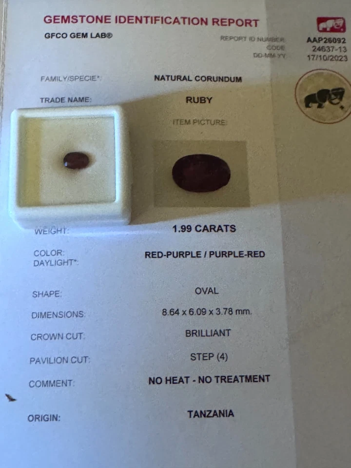 💎1.99 ct Untreated Ruby – Oval 8.64×6.09 mm, Tanzania – GFCO Report - Image 4 of 4