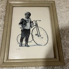 Vintage Joanne Thompson Framed Print Boy And His Bicycle Creepy Halloween