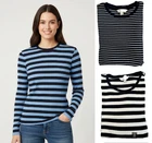 Ladies M S Ribbed Striped Top Crew Neck Cotton Long Sleeve Navy Fitted Rib NEW
