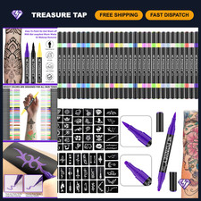 Temporary Tattoo Markers Set - 36 Skin Markers 67 Stencils, Dual-End Pens, Saf