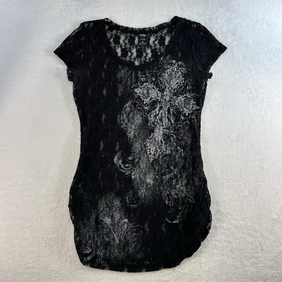 90s Y2K Medium M Top Black Mesh Lace Cross Glitter Fairy Coquette Whimsigoth - Image 2 of 4