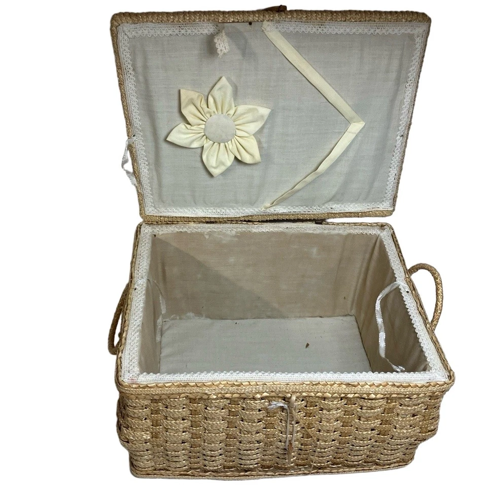 Basket Rectangular Rattan Brown Woven Lid Handle on Side Minimalist Boho - Image 3 of 4