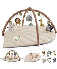 Baby Play Gym Activity Mat Leaf Design Tummy Time 6 Detachable Toys