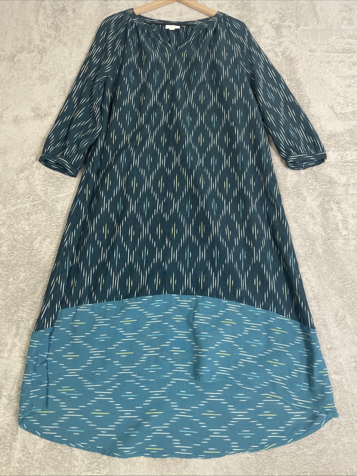 Pure Jill J Jill Womens Medium Blue Green Ikat Shift Dress Cotton 3/4 Sleeve